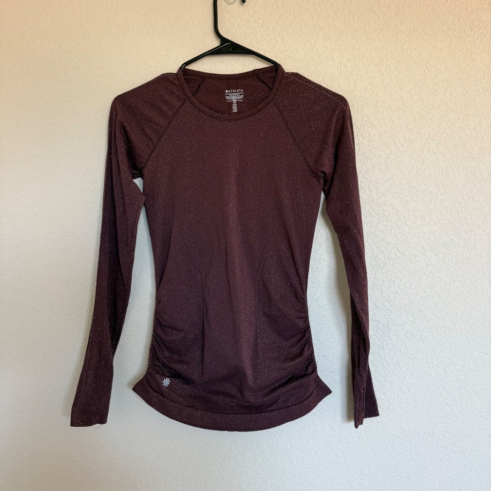 Athleta Speedlight Shimmer Long Sleeve Top Burgundy Purple Metallic Activewear